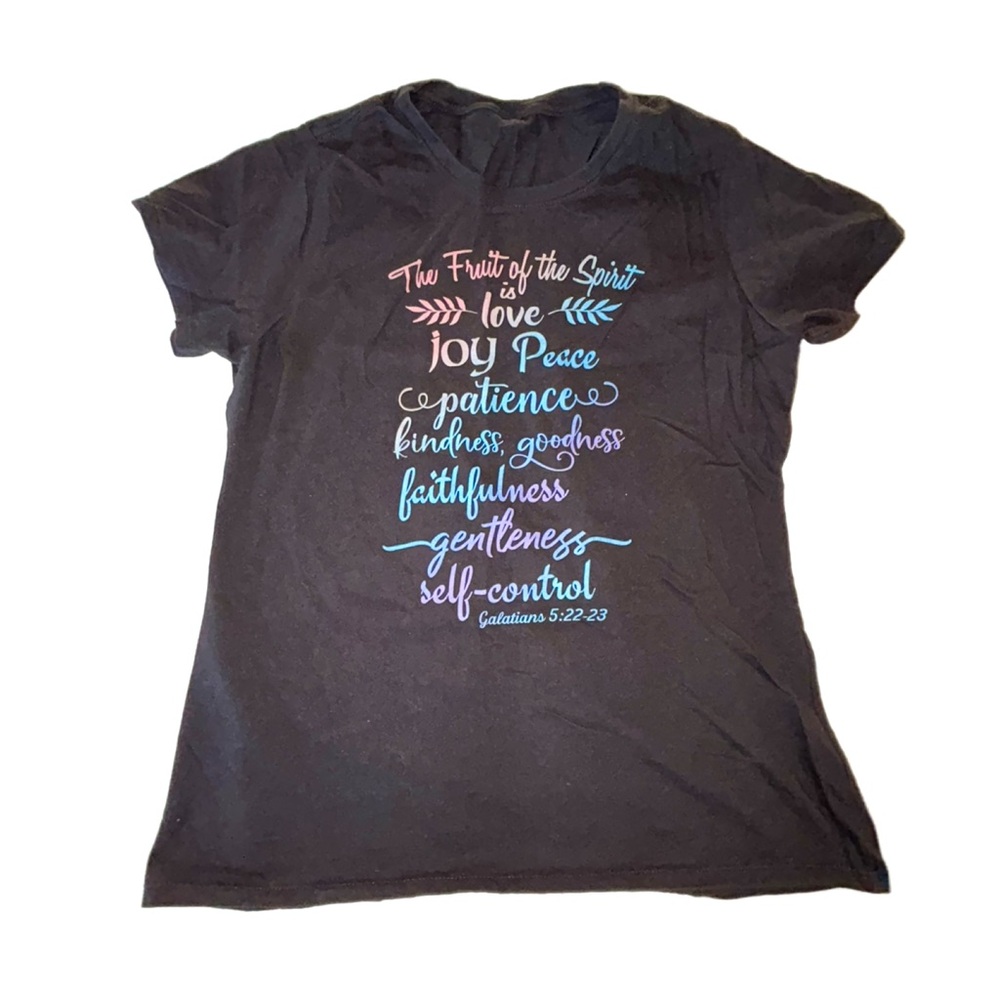 The Fruit of the Spirit Black with Rainbow Lettering Women’s Size Large